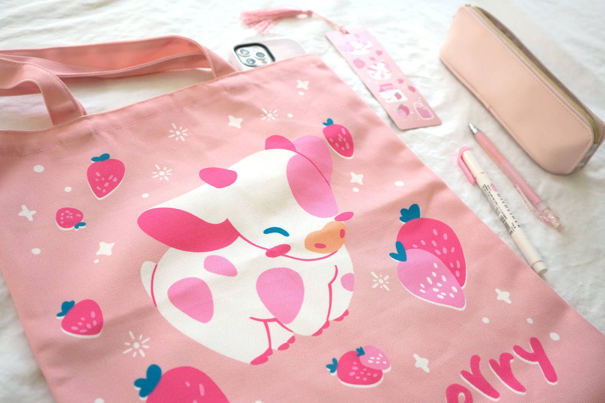 Strawberry Pink Cow Tote Bag
